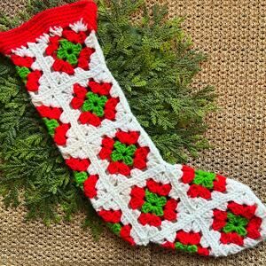 Vintage Granny Square Crochet Christmas Stocking Classic Red Green White Boho